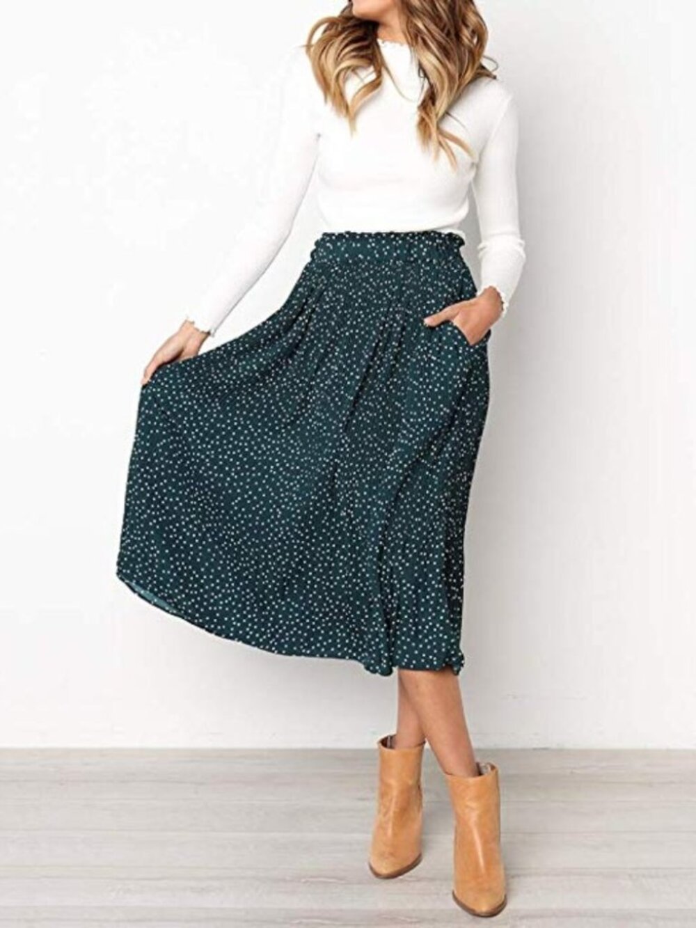 Green Polka Dot Pleated Midi Skirt Pockets Elastic Waist Size Small